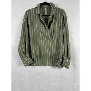 Anthropologie The Dylon Top Womens Small Green Wide Placket Striped Long Sleeve